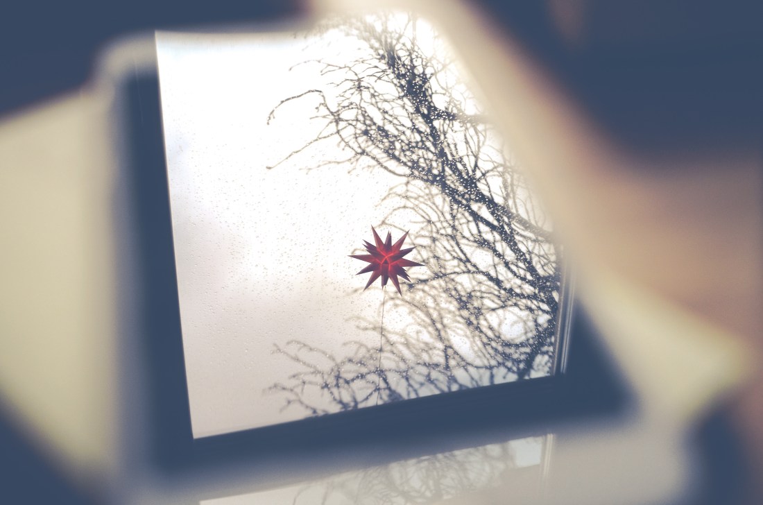 Unscharfer Bildrand, in der Mitte hebt sich eine spiegelnde Oberfläche ab, darauf ist ein rot leuchtender Stern und kahle Äste eines Baumes zu sehen.